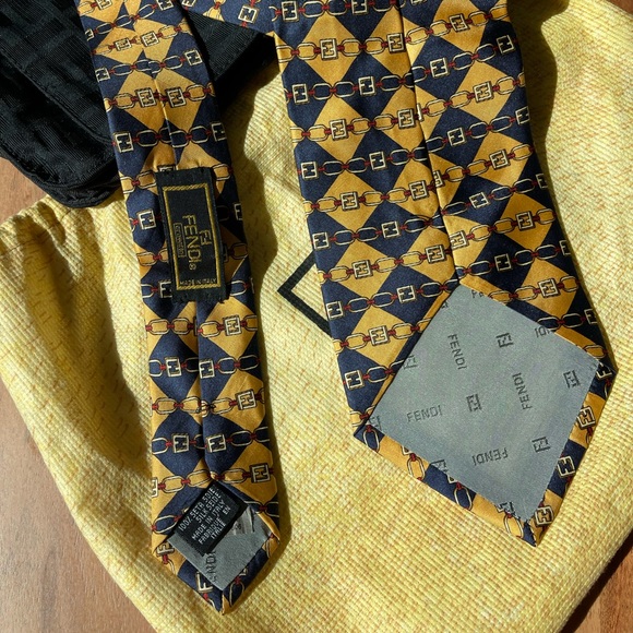 FENDI VINTAGE Print gold Men’s Silk Tie 3.75” - Picture 5 of 10